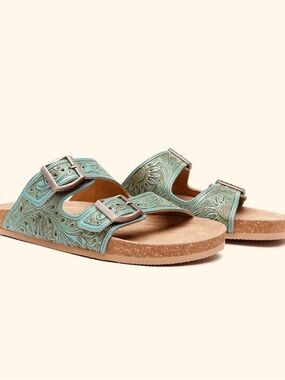 Myra Bag Teal Embossed Double-Buckle Slide Sandals